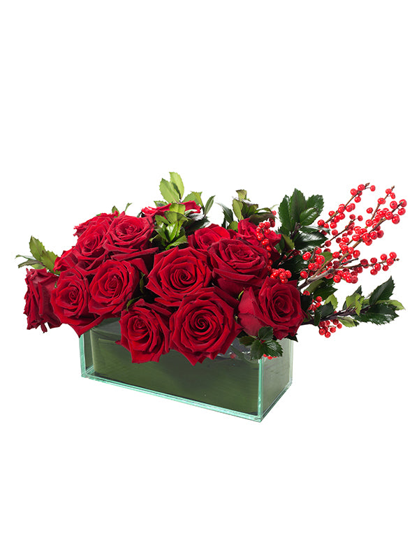 Clear Glass Rectangular Vase – 4" x 4" x 10" with red roses