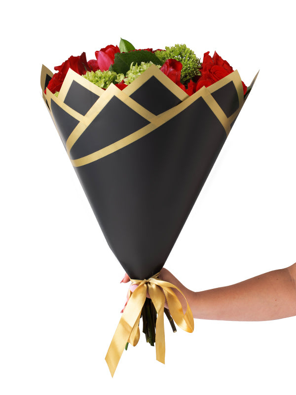 Madonna Wrap in black, wrapped w& bow tied with flowers