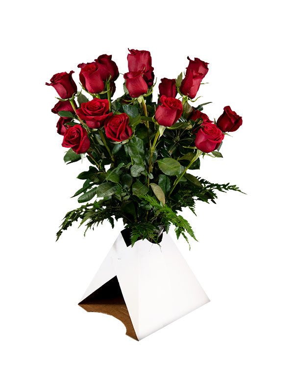 White Staple Vase Box with Red Roses