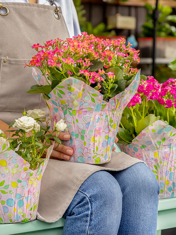 Florist holding multicolored pastel pot covers for spring